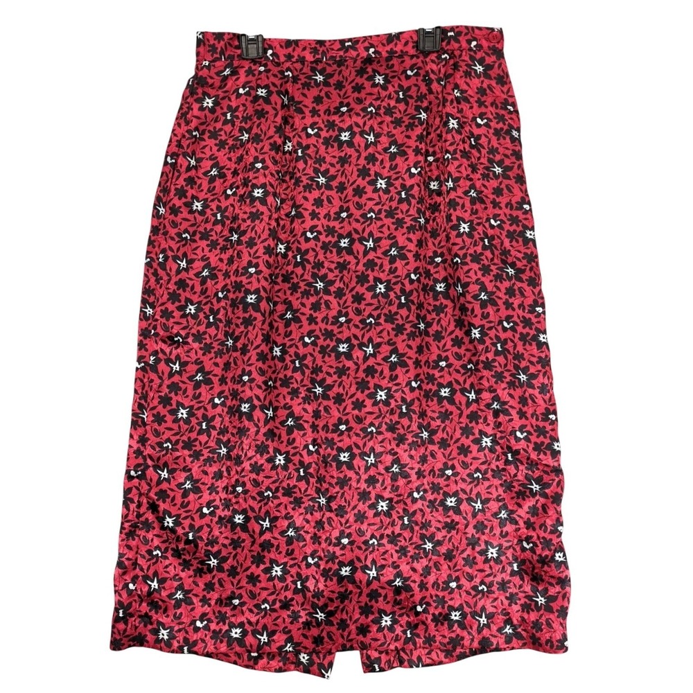 Vintage 80s 90s Argenti Pure Red Satin Floral Straight Midi Skirt Sz 10 Academia